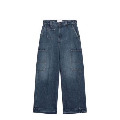 Cropped Cocoon Cargo Jeans in Medium Blue
