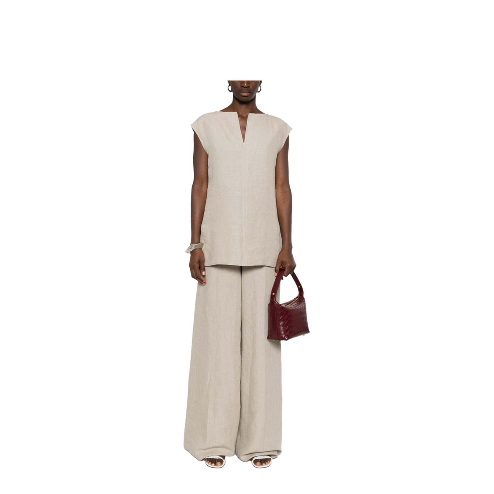 Sand Beige Short Side Slits V-Neck Sleeveless