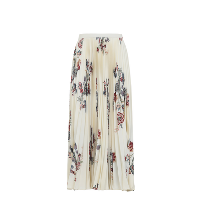 Beige Floral Print Sablé Pleated Midi Skirt