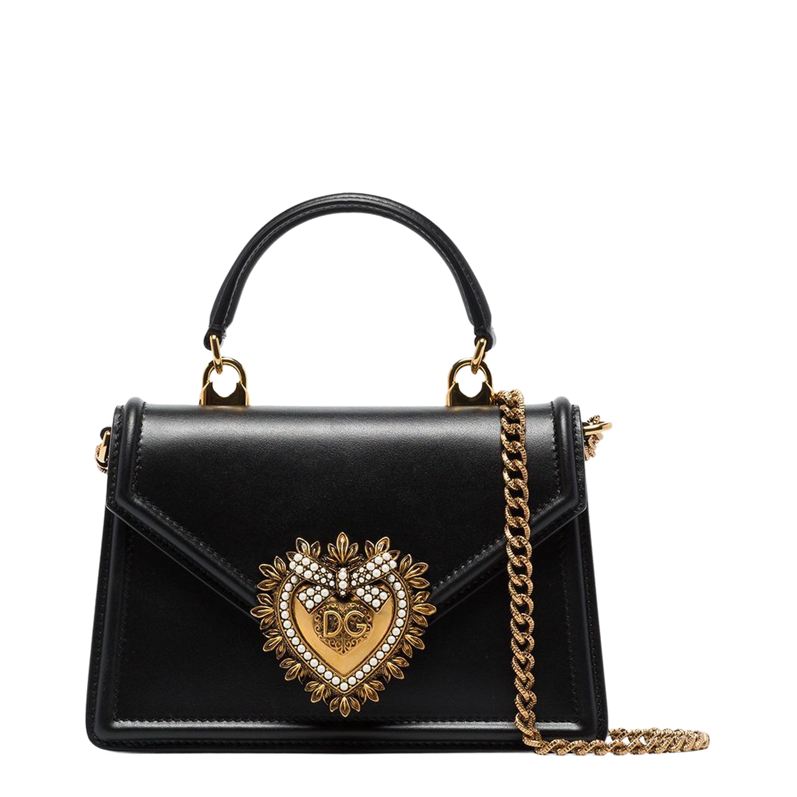 Black Calfskin Shoulder Bag with Rhinestone Details and Gold Chain