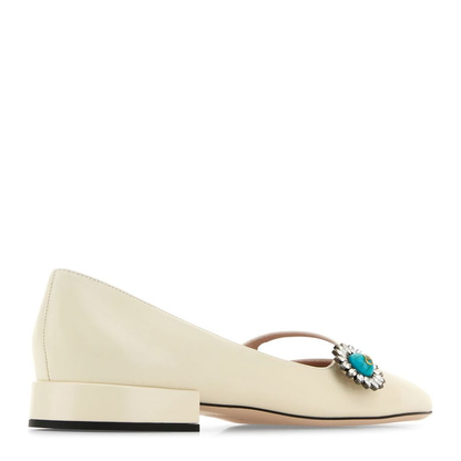 Light Beige Side Touch-Strap Fastening Square Toe Ballet Flats