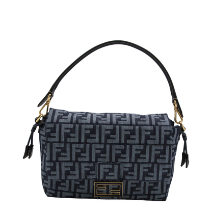 Mamma Baguette Medium Denim-Effect FF Jacquard Shoulder Bag - Dark Blue