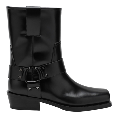 Black Leather Biker Rockstud Low Boot