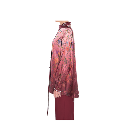 Printed Silk Shirt with Neck Bow in Pink and Rosso Ancora Red