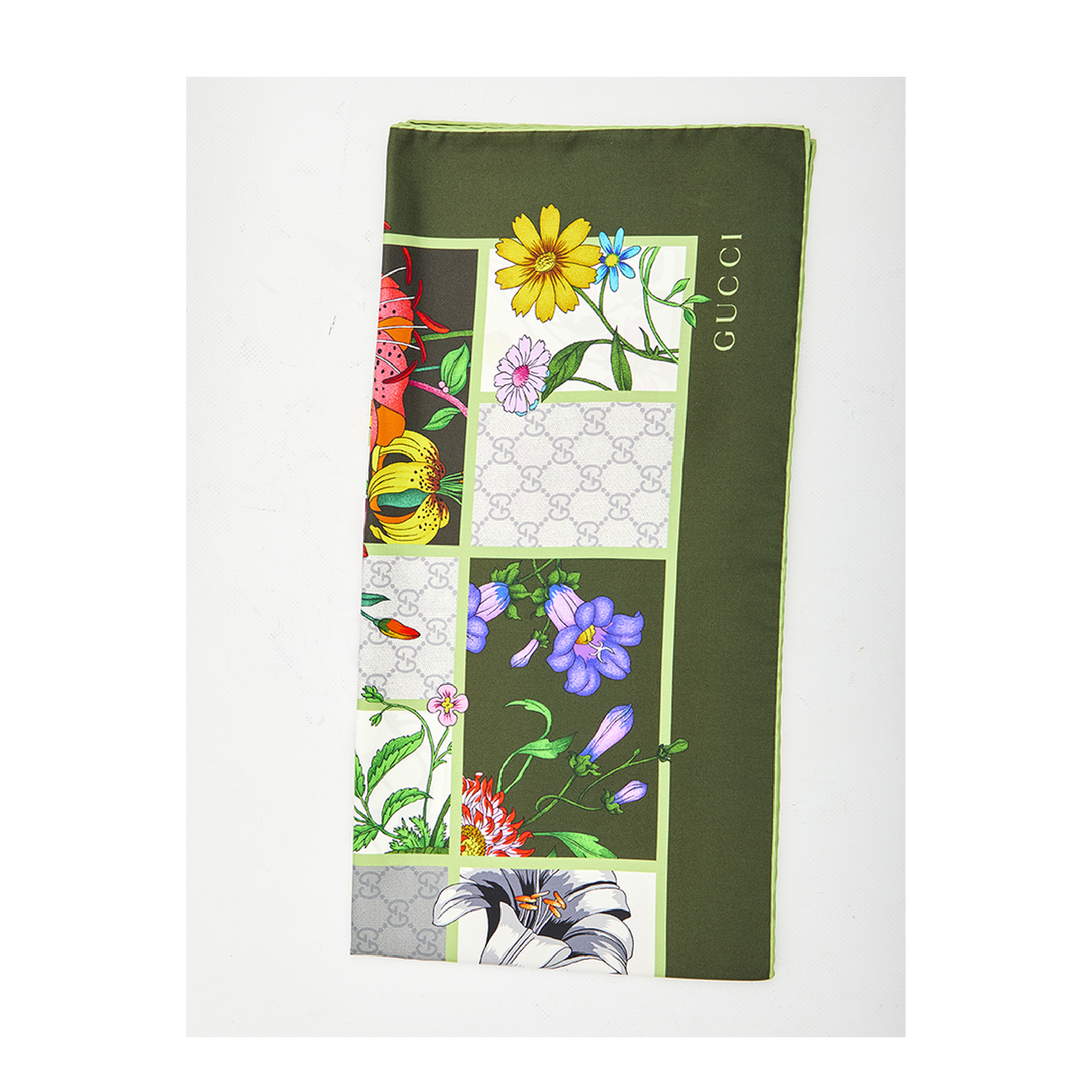 Green Silk Twill Scarf with Flora Print