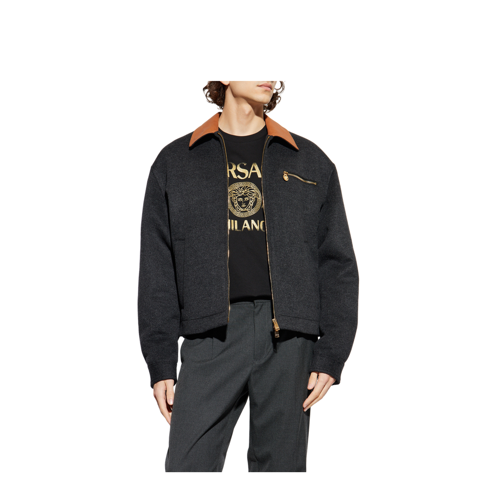 Jacket with leather collar