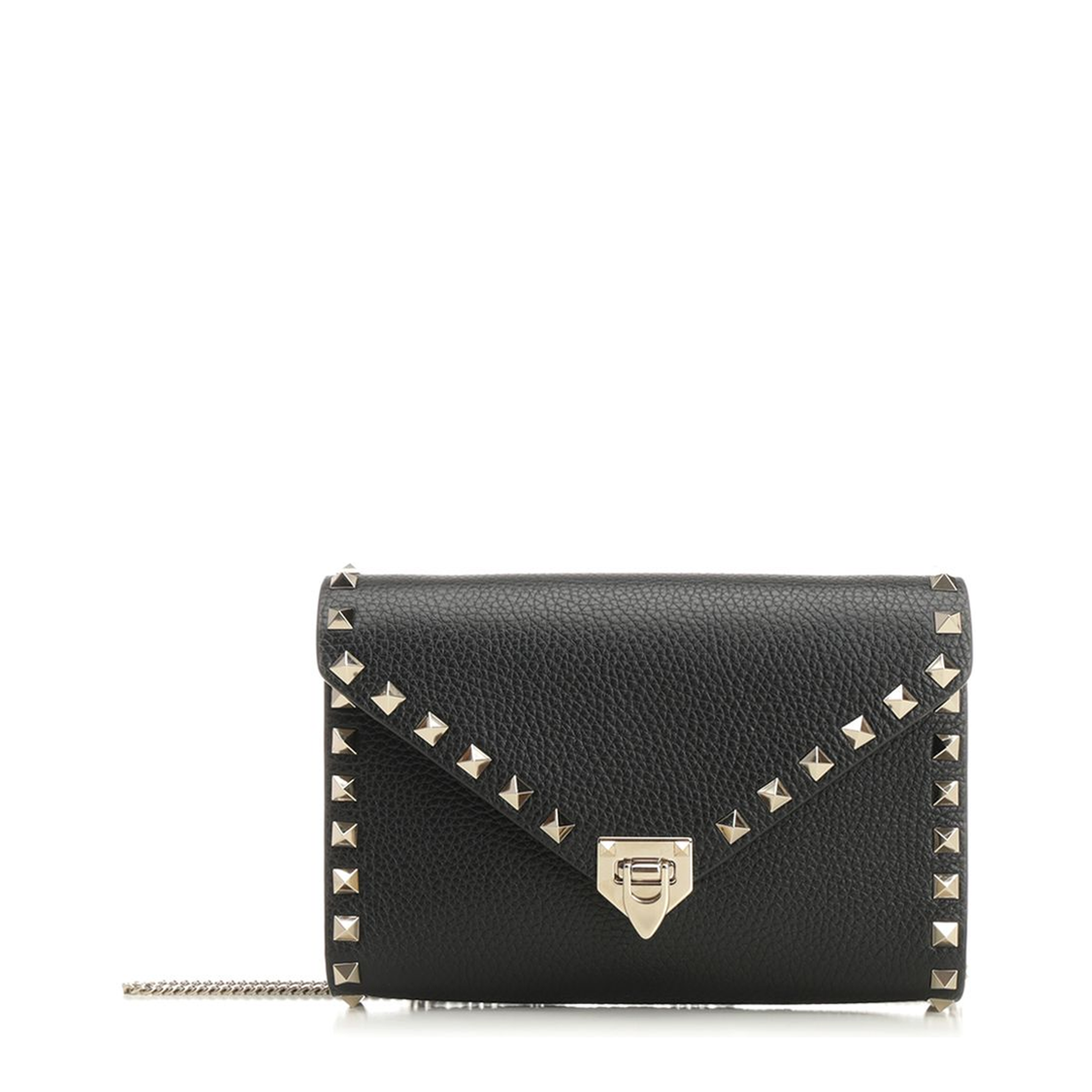 Rockstud Grainy Calfskin Wallet On Chain - Black