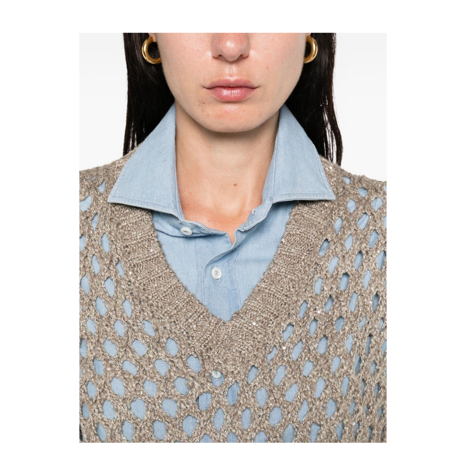 Open-knit V-necked Sweater