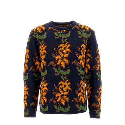 Floral Intarsia Knit Wool Jumper Blue