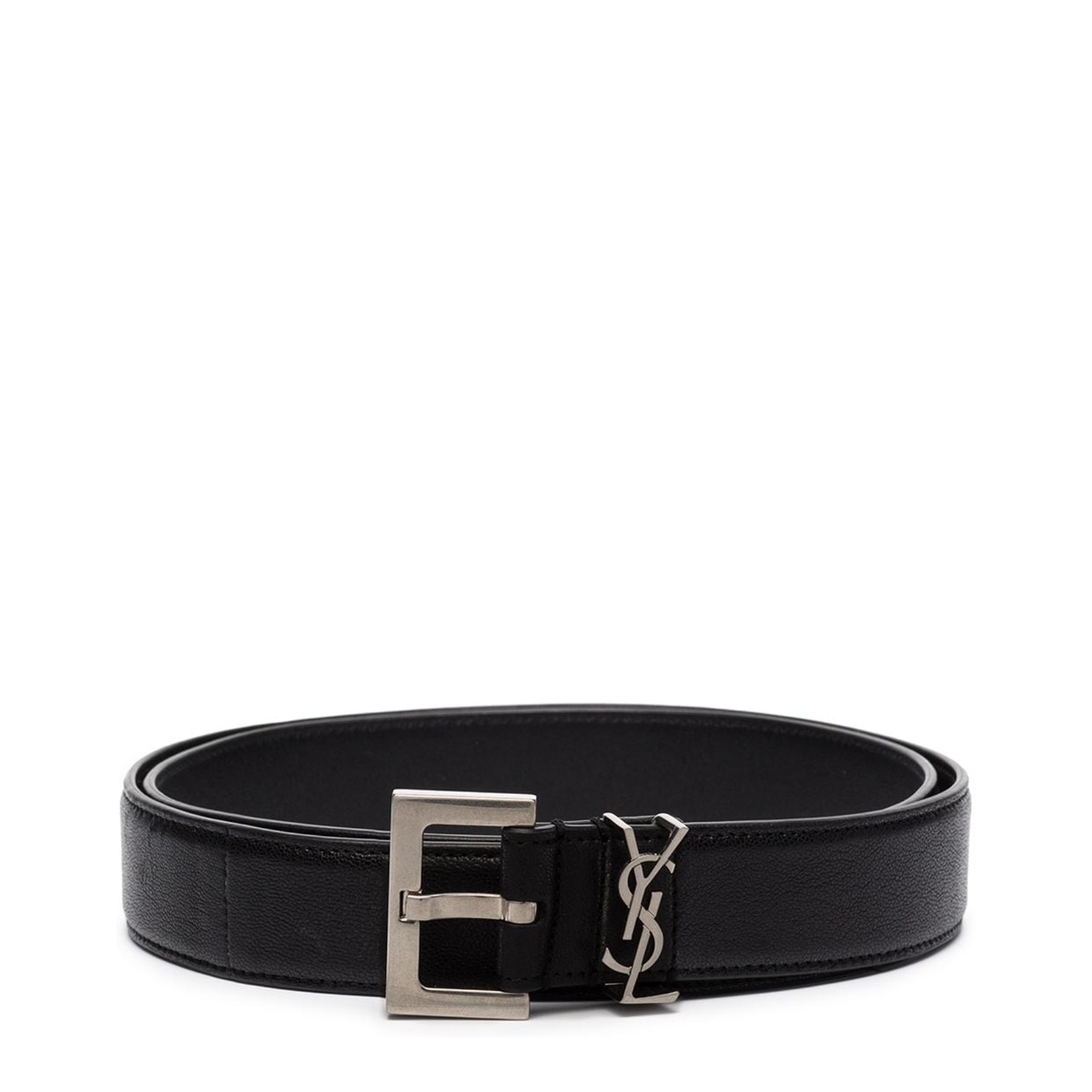 Black Leather Belt with Silver-Colored Monogram