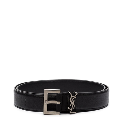 Black Leather Belt with Silver-Colored Monogram