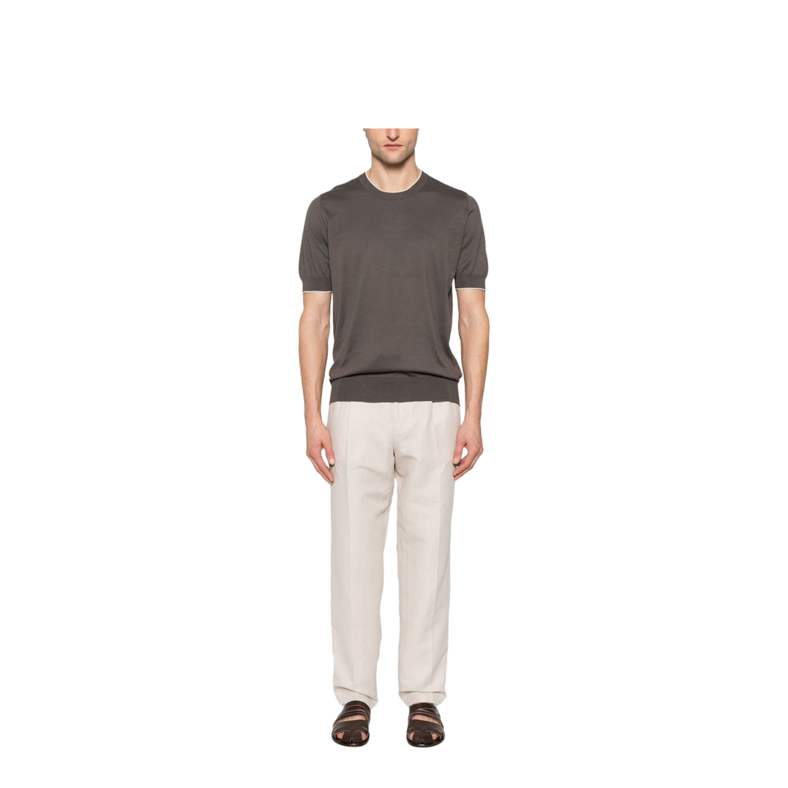 Leisure Fit Trousers in Linen and Cotton Gabardine with Drawstring and Double Darts