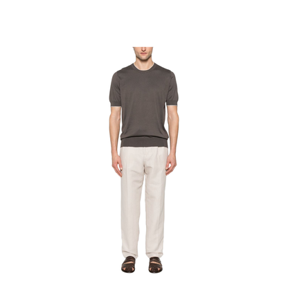 Leisure Fit Trousers in Linen and Cotton Gabardine with Drawstring and Double Darts