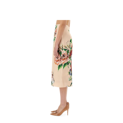 Flower Print Satin Midi Pencil Skirt