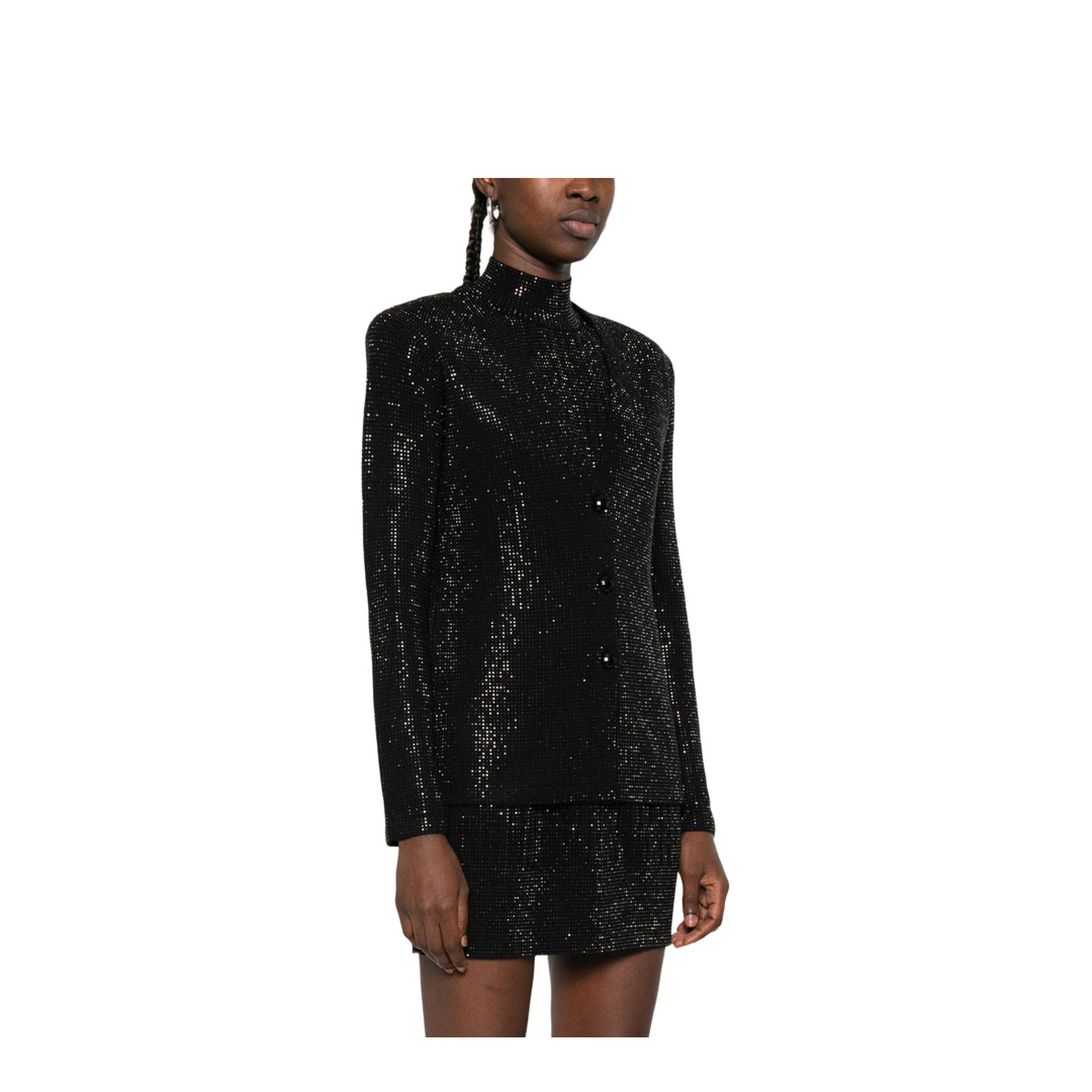 Virgin Wool-Blend Plain-Knit Cardigan with All-Over Rhinestones