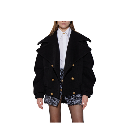 Wool 4 Buttons Pea Coat Black