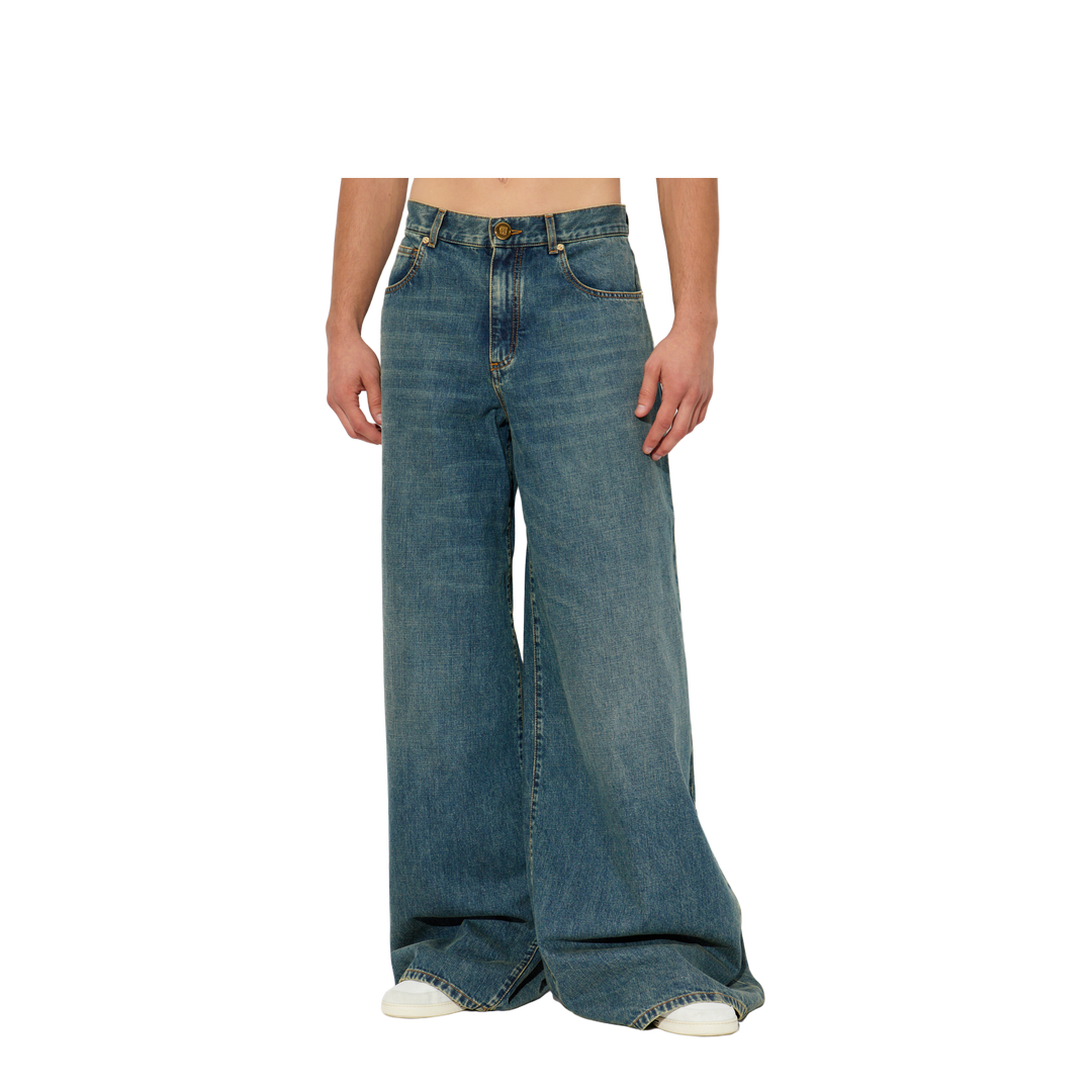 Wide-leg faded denim jeans
