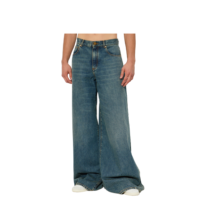 Wide-leg faded denim jeans
