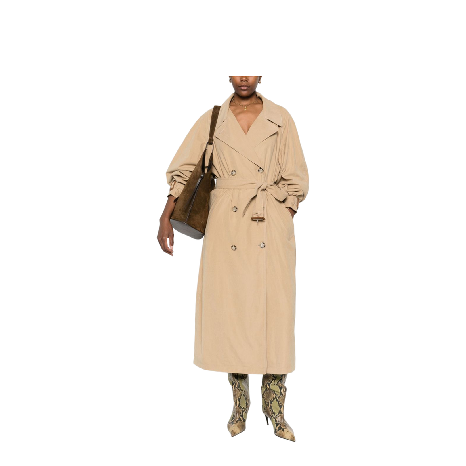 Beige Double-Breasted Closure Belted Waist Long Sleeves Coat
