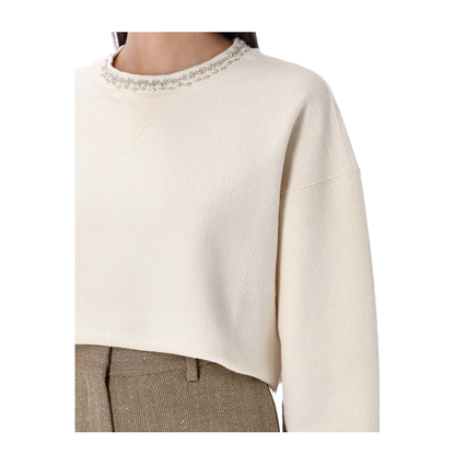 Cream Cotton Cropped Sweatshirt with Crystals