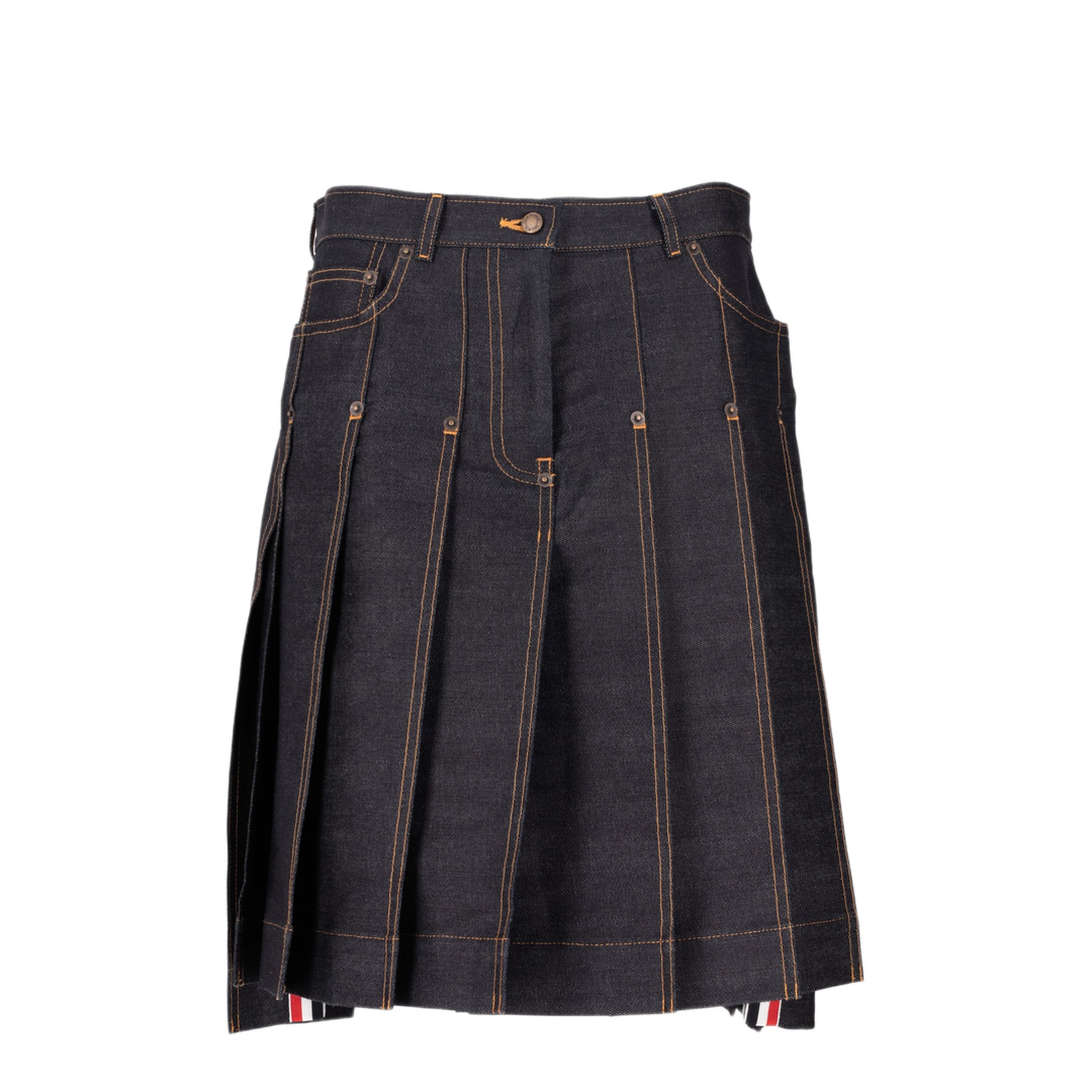 MAYFEYR - Thom Browne - Bermuda Length Classic 5-Pocket Pleated Skirt In Lightweight Japanese Selvedge Denim - FGCA49AF1249415