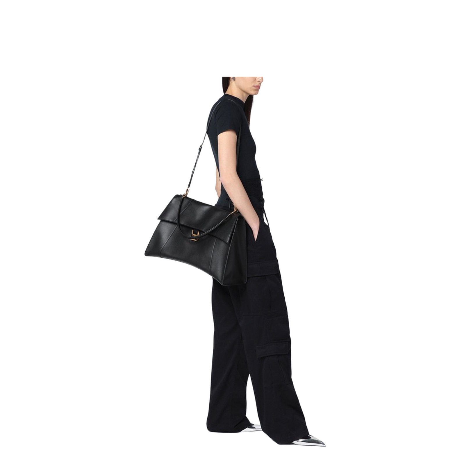 Curved Base Bag with Detachable Leather Handle