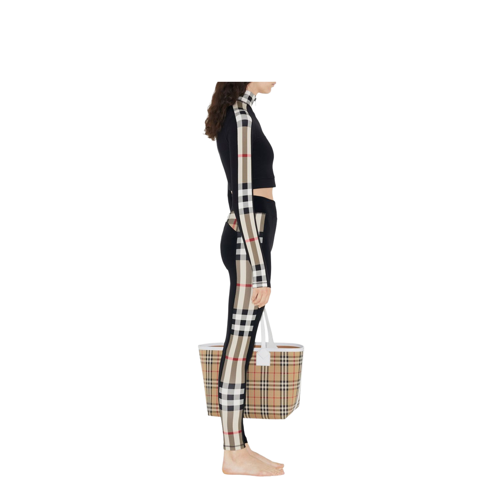 Cropped Check Trim Stretch Jersey Zip Top in Black