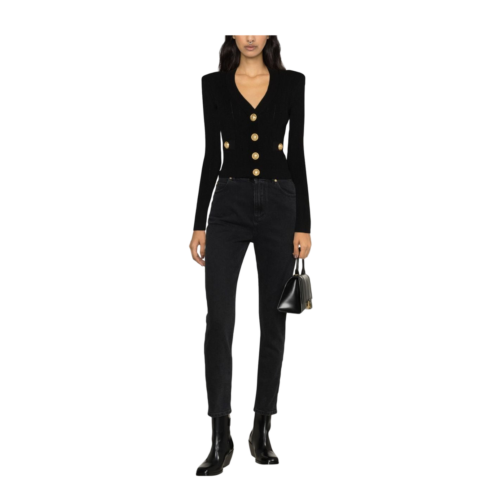 Black Knitted Sweater with Gold-tone Buttons