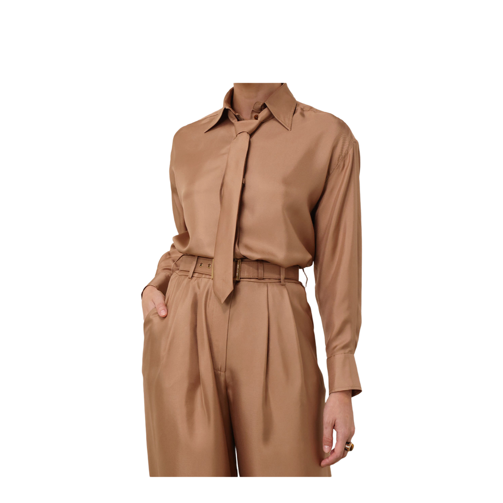 Silk Shirt with Tie in Beige