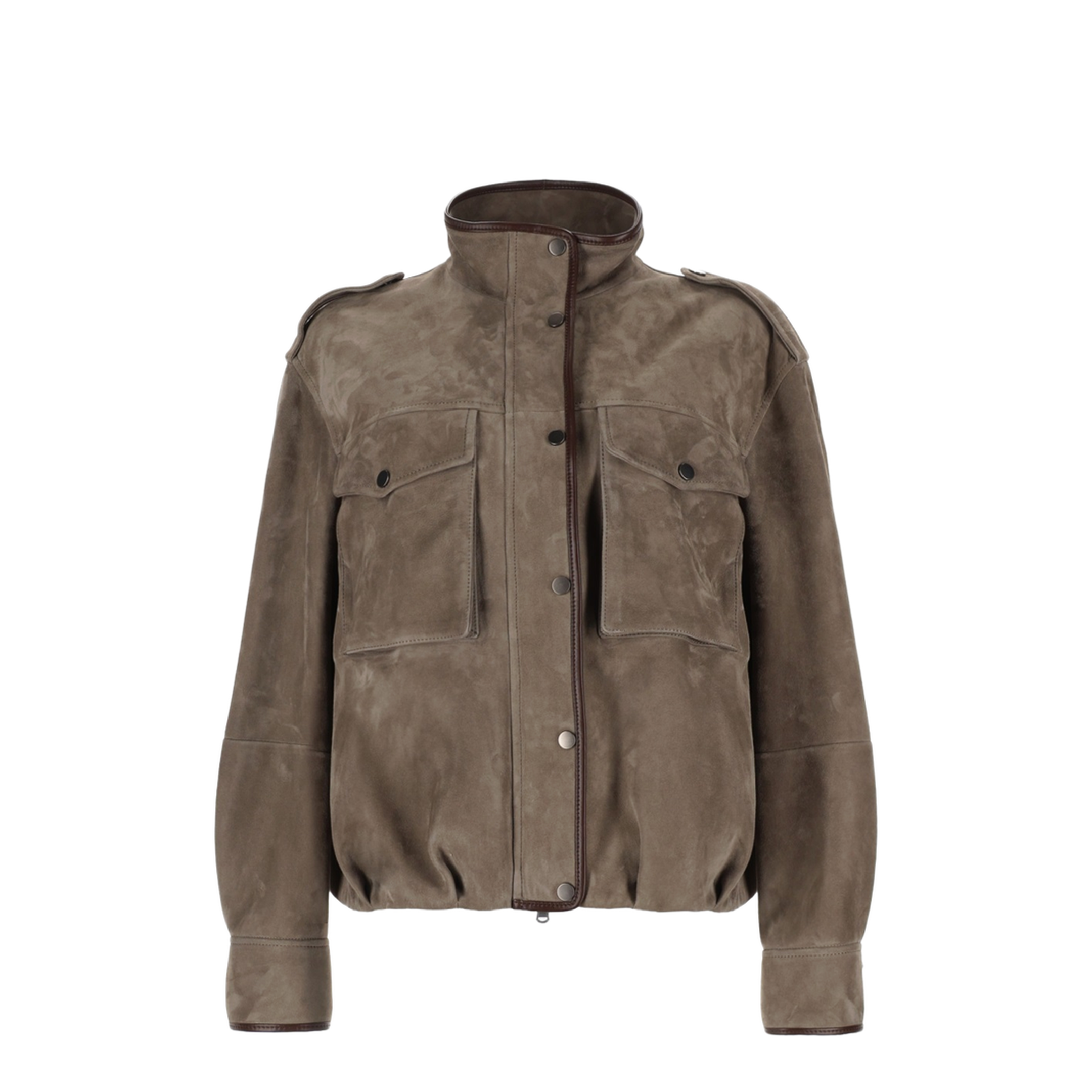 Faded Green Jacket With High Neck And Front Patch Pockets In Suede