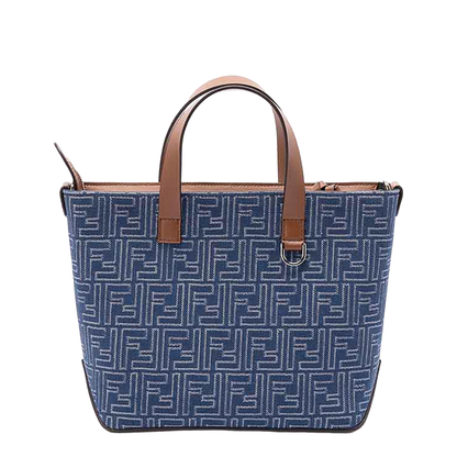 FF Leather Denim Effect FF Jacquard Blue And Brown Small Shopping Bag