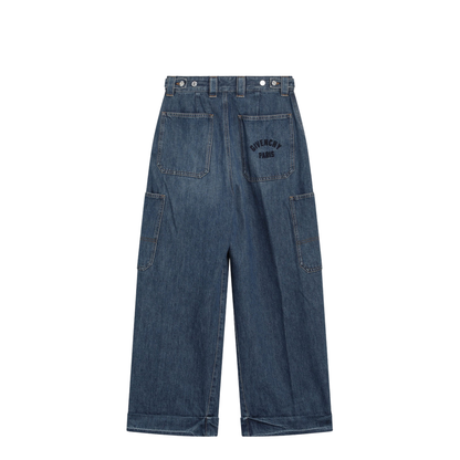 Cropped Cocoon Cargo Jeans in Medium Blue