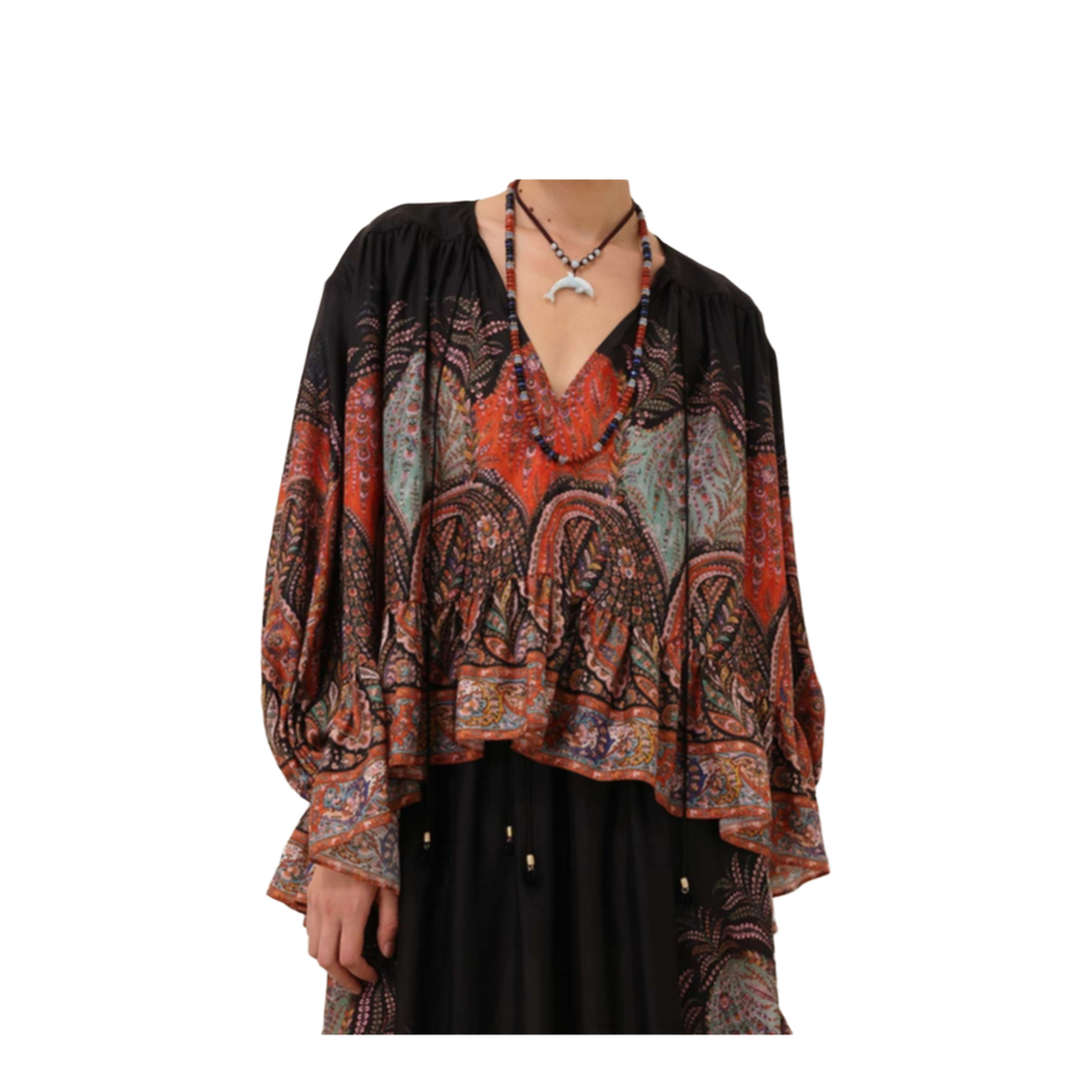 'Rhiannon Ruffle Billow' Silk Blouse In Black Paisley
