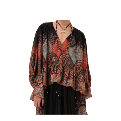 'Rhiannon Ruffle Billow' Silk Blouse In Black Paisley