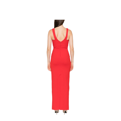 Red Sleeveless Design V-Neckline Fitted Bodice Maxi Length Straight Skirt