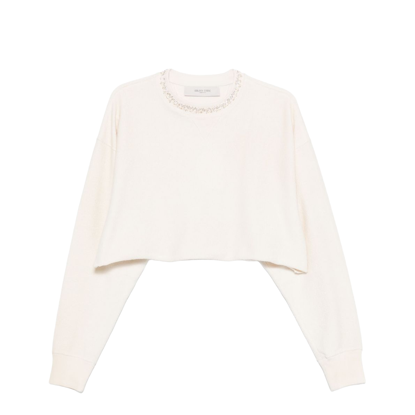 Cream Cotton Cropped Sweatshirt with Crystals