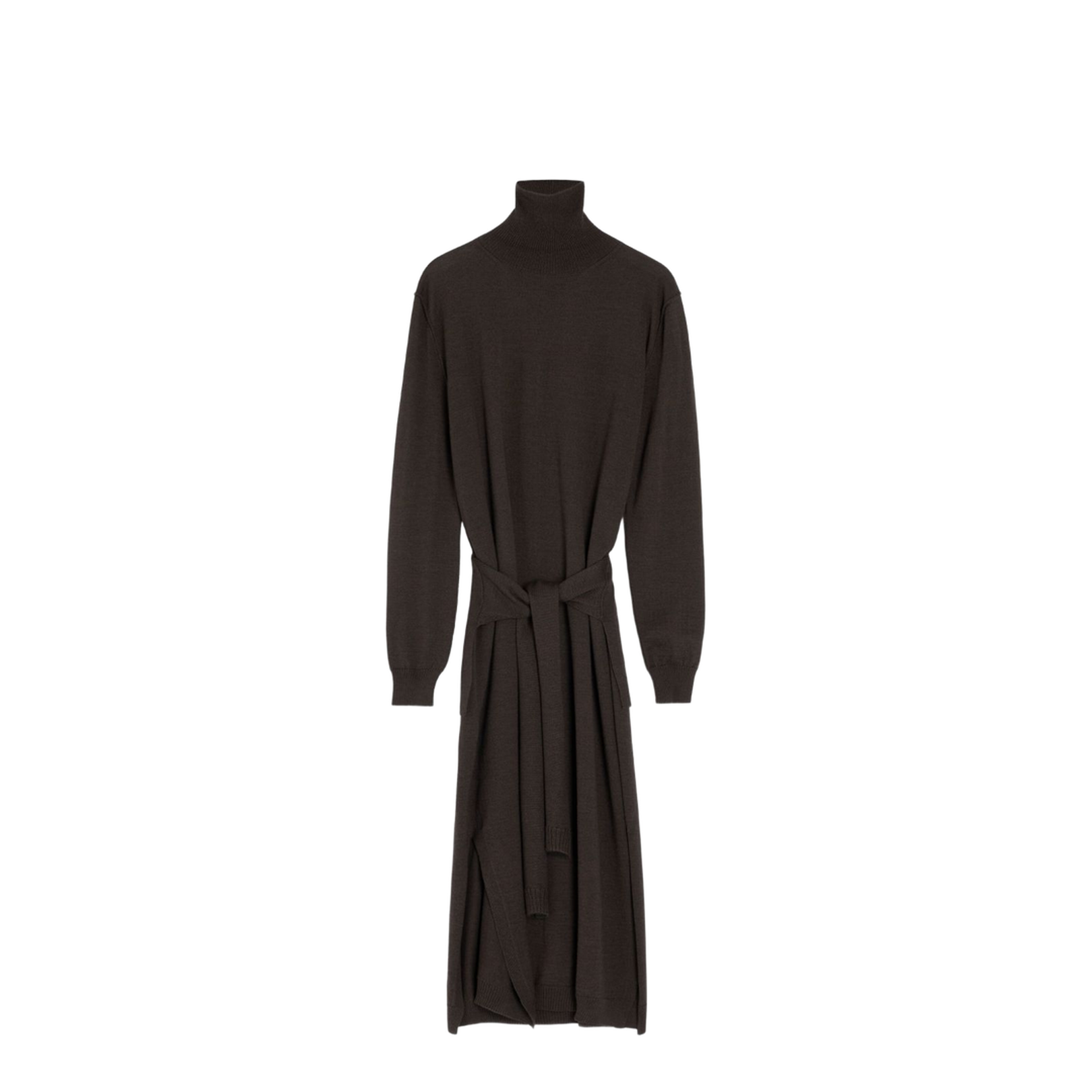Dark Cacao Brown Turtleneck with Tie-Waist Belt
