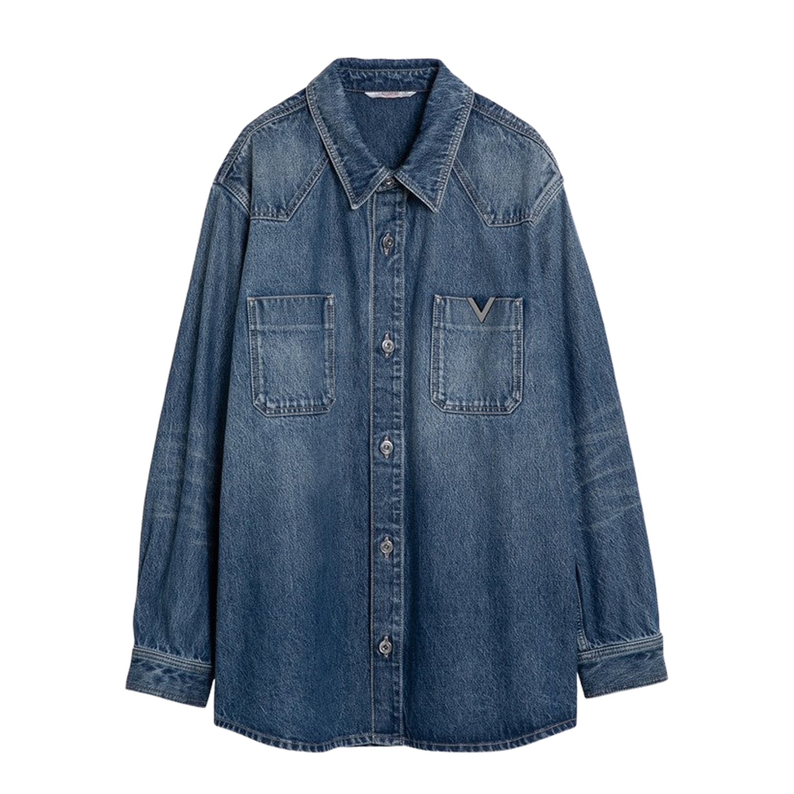 Washed-Out Blue Denim Shirt With V Detail