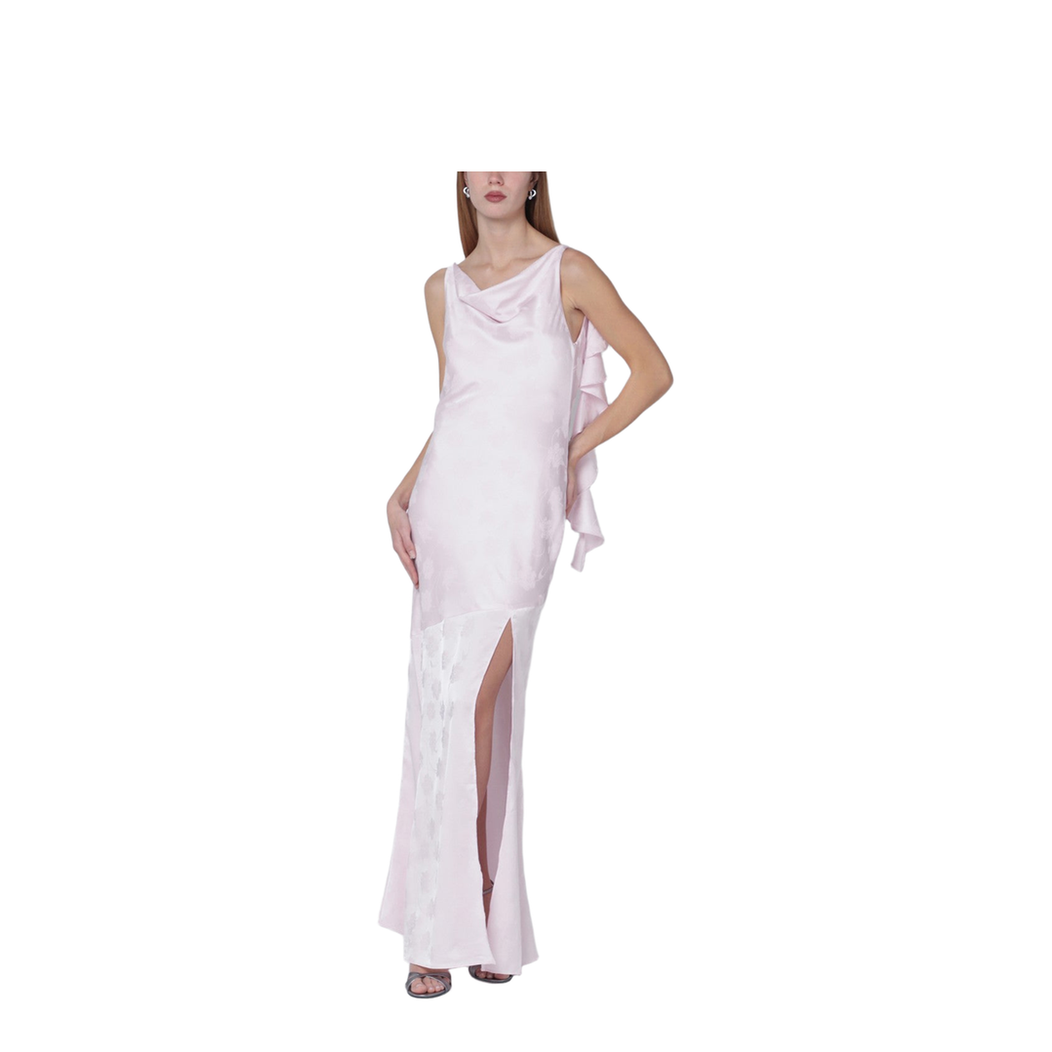 Long Pink Satin Jacquard Dress with Ruffles