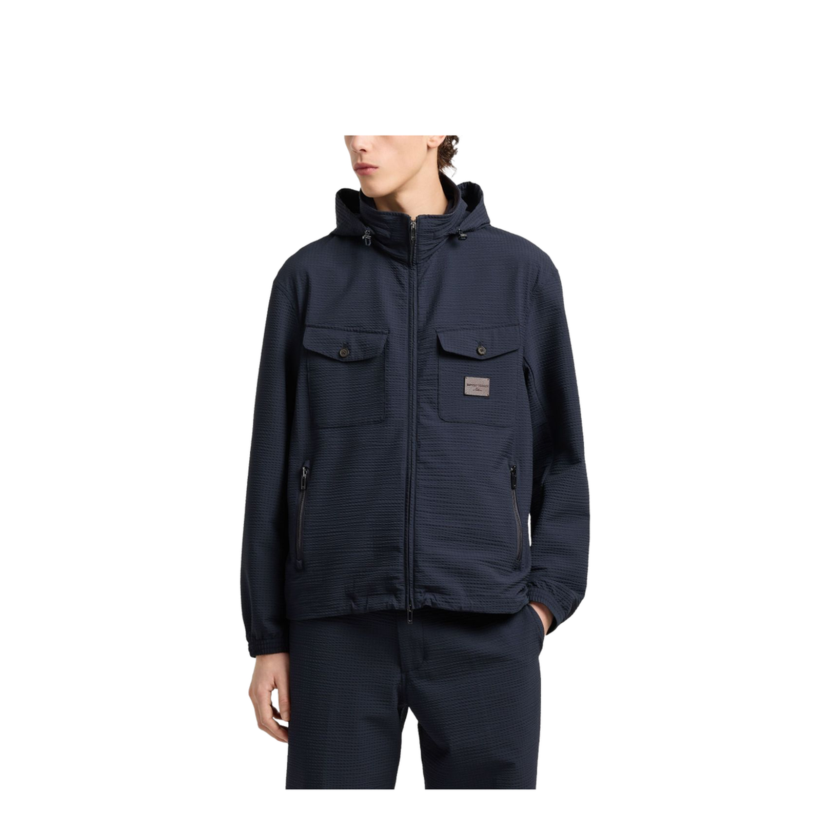 Dark Blue Textured Weave Zip Fastening Jacket