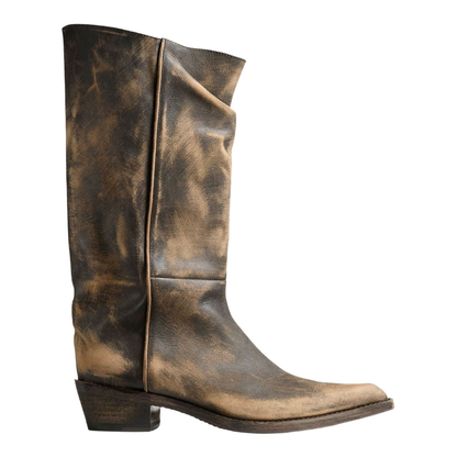 Brown Leather Pointed Toe Slouchy Shaft Low Heel Boot