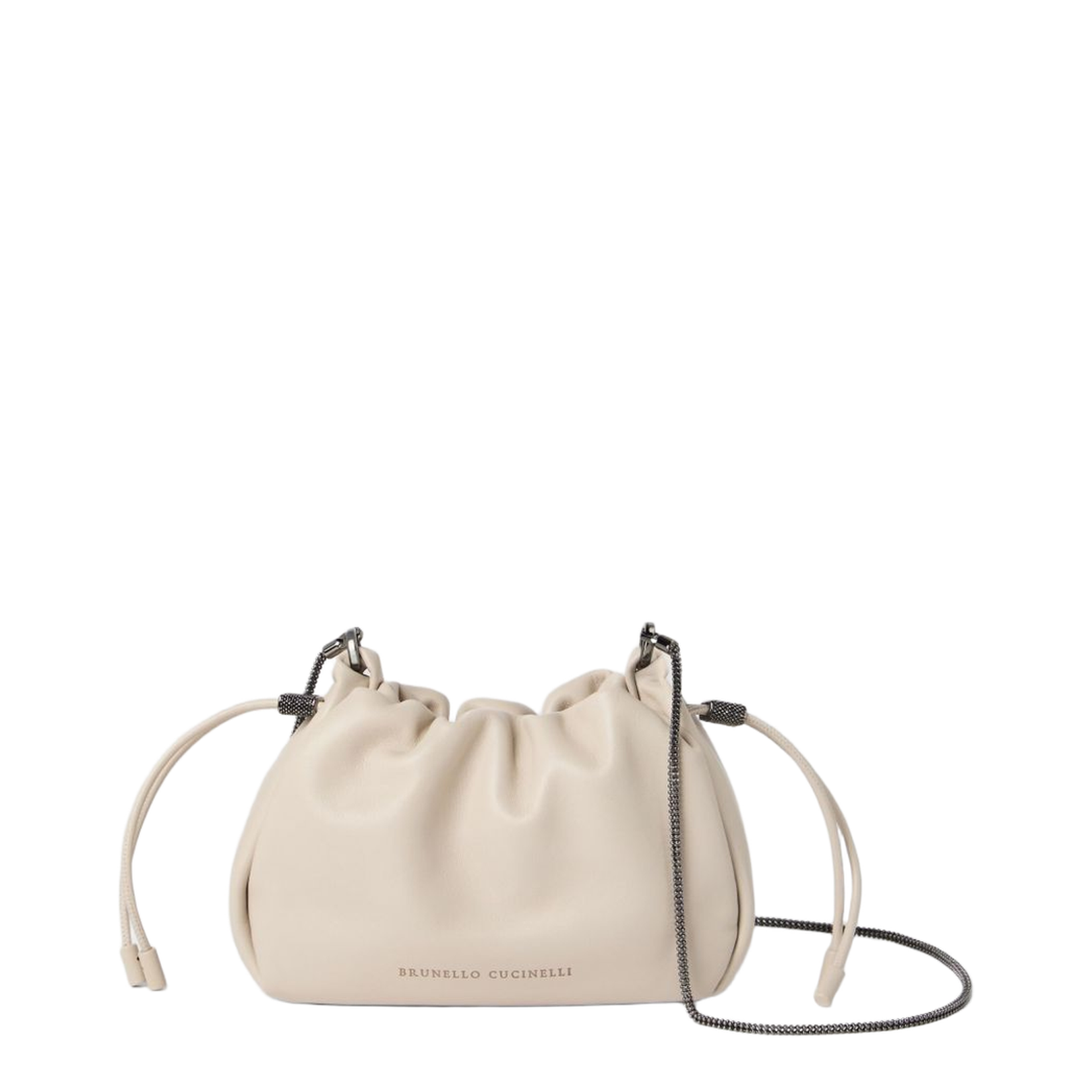 Mellow Beige Crossbody Bag with Drawstring Closure and Chain Shoulder Strap
