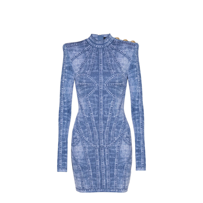 Short Jacquard Knit Dress Denim Effect