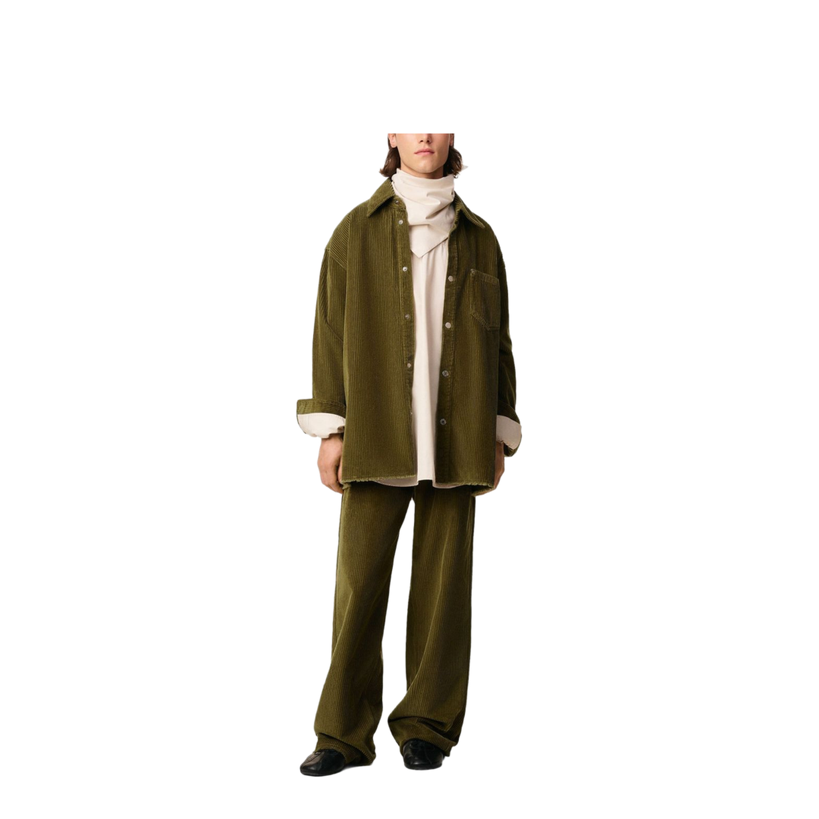 Green Cotton Corduroy Side Slit Overshirt