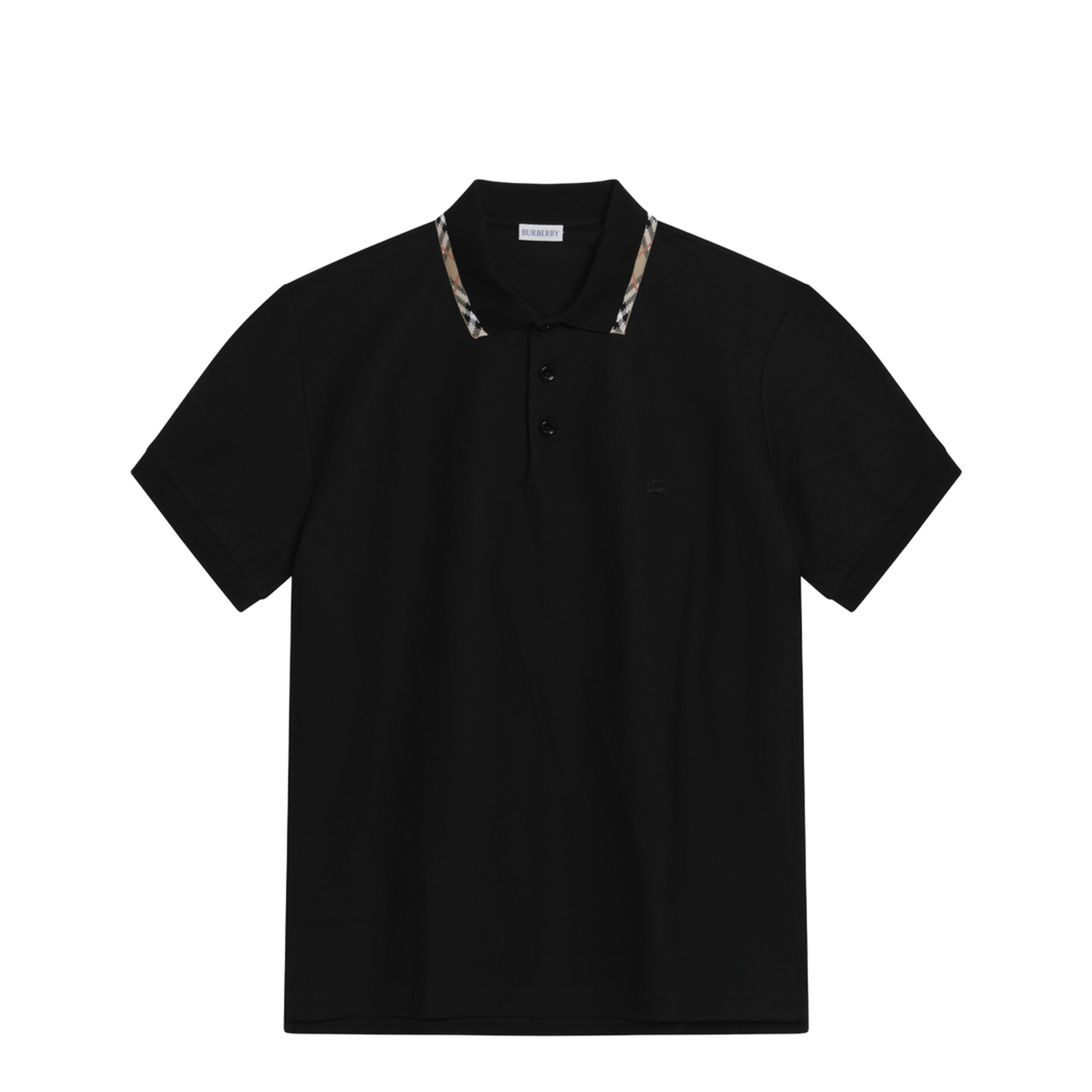 Black Cotton Polo with Check Detail