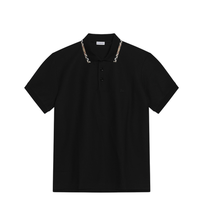 Black Cotton Polo with Check Detail