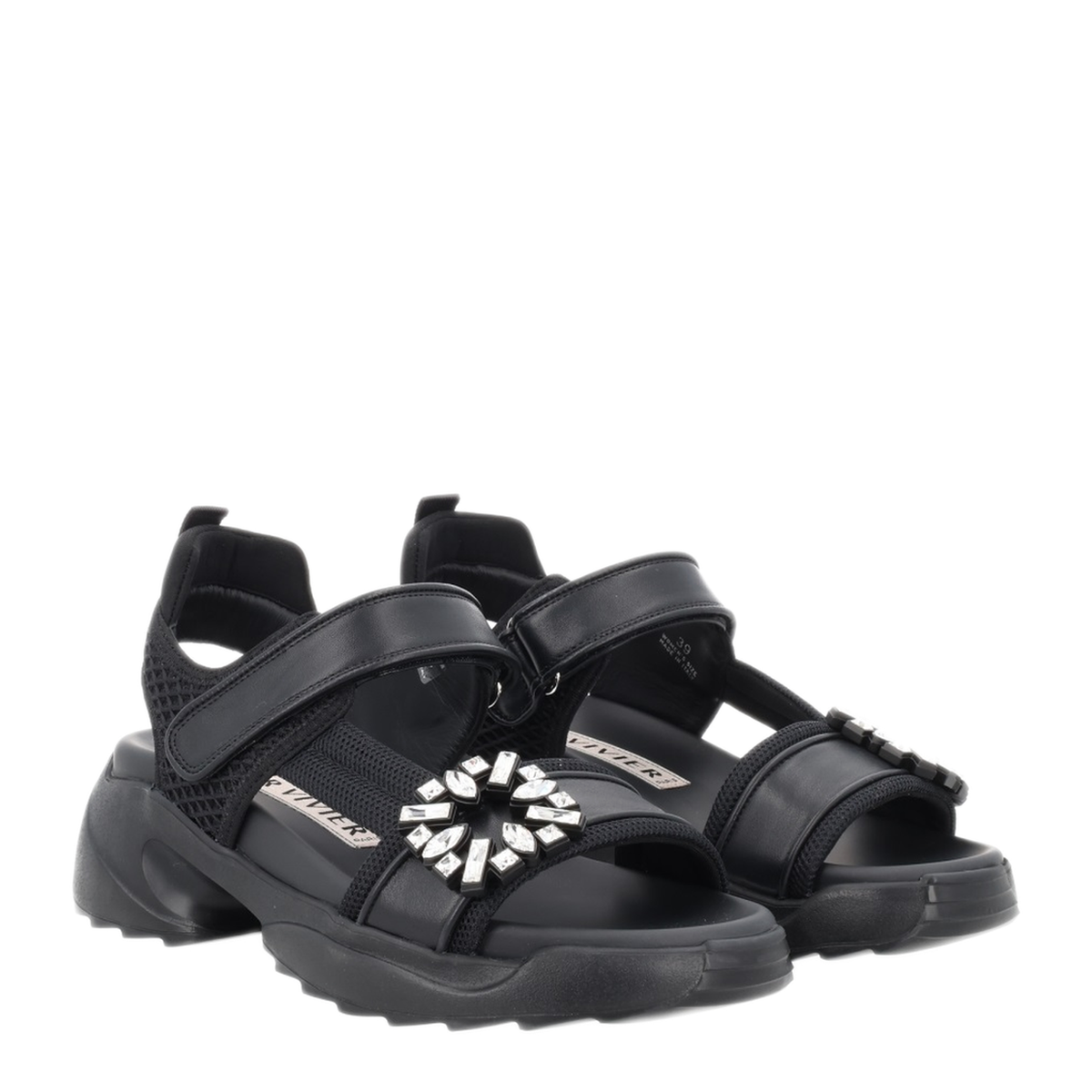 On The Run Black Leather And Textile Sandals