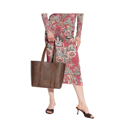 Brown Calf Leather Paisley-Print Shopping Bag