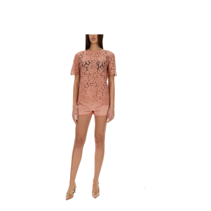 Short-sleeved Cordonetto Lace T-shirt in Pink