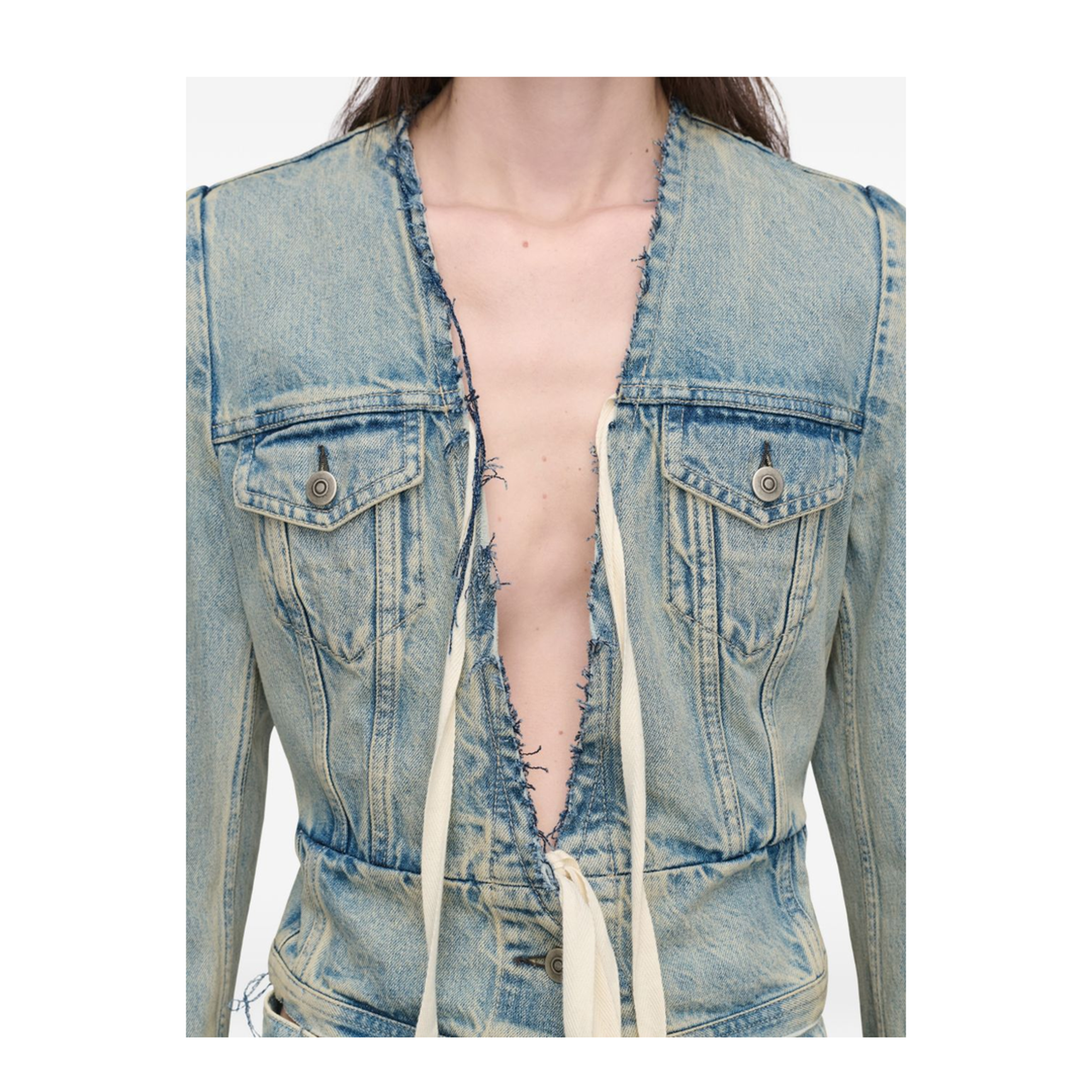 Light Blue Cotton Denim Jacket With V-Neck